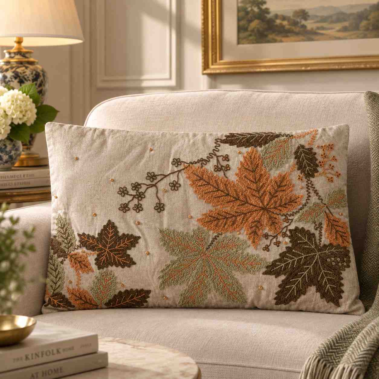 Embroidered Autumn Foliage & Beaded Lumbar Pillow Cover