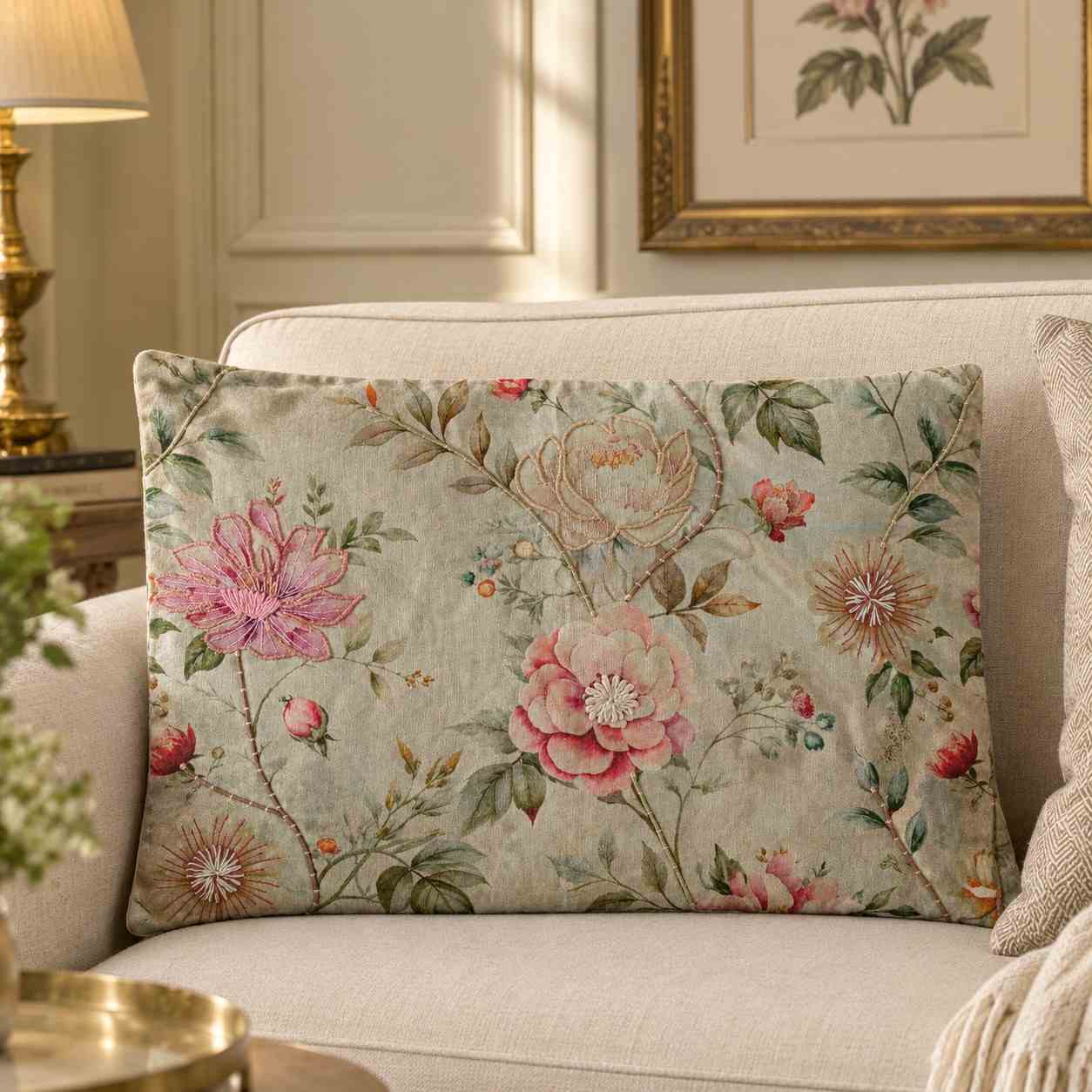 Beaded Autumn Leaf Embroidered Lumbar Pillow Cover