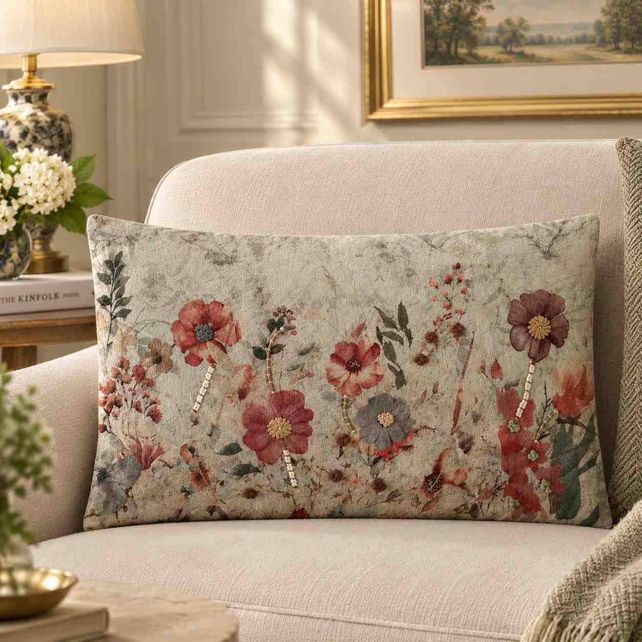 Vintage Floral Garden Embroidered Lumbar Pillow Cover