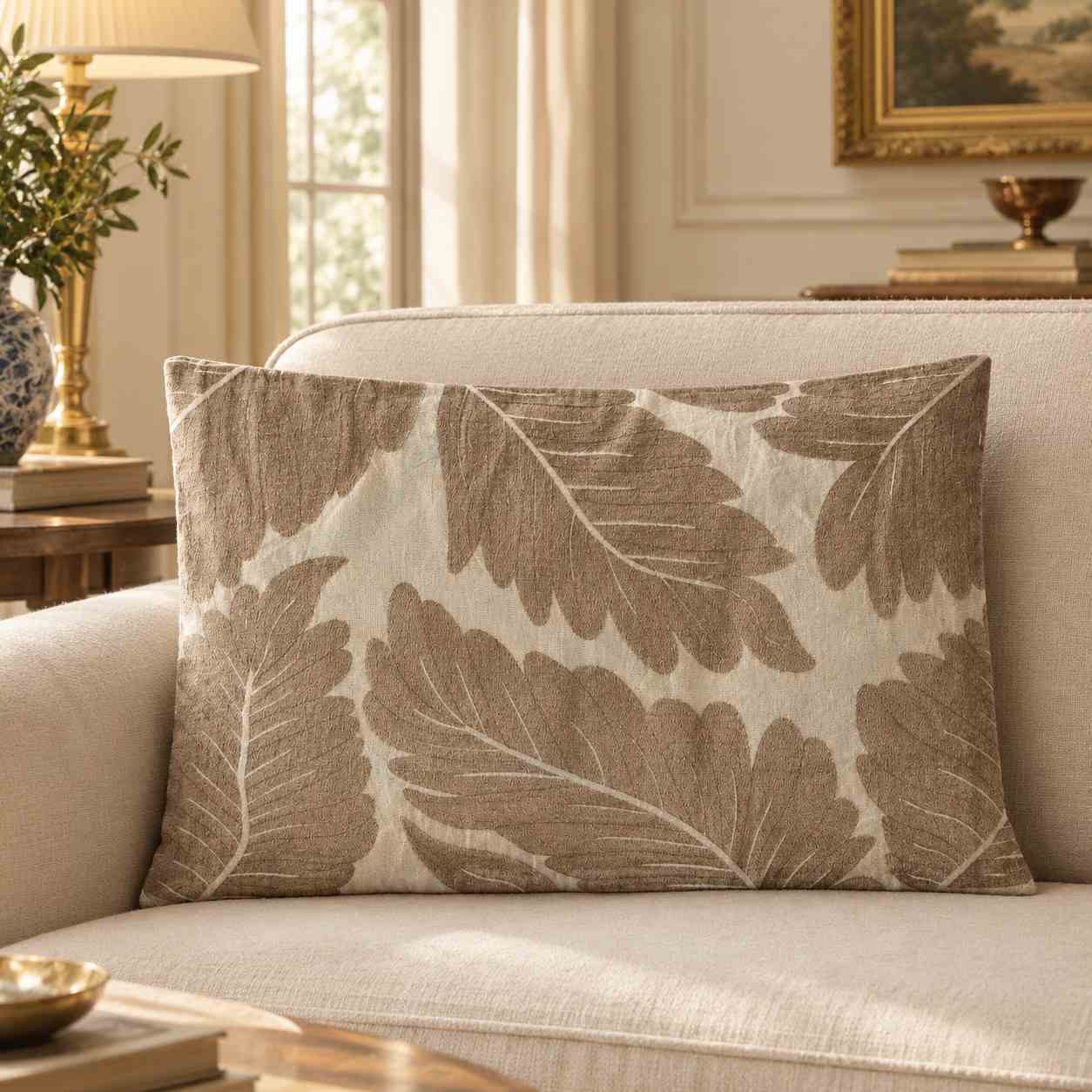 Textured Neutral Leaf Pattern Lumbar Pillow Cover