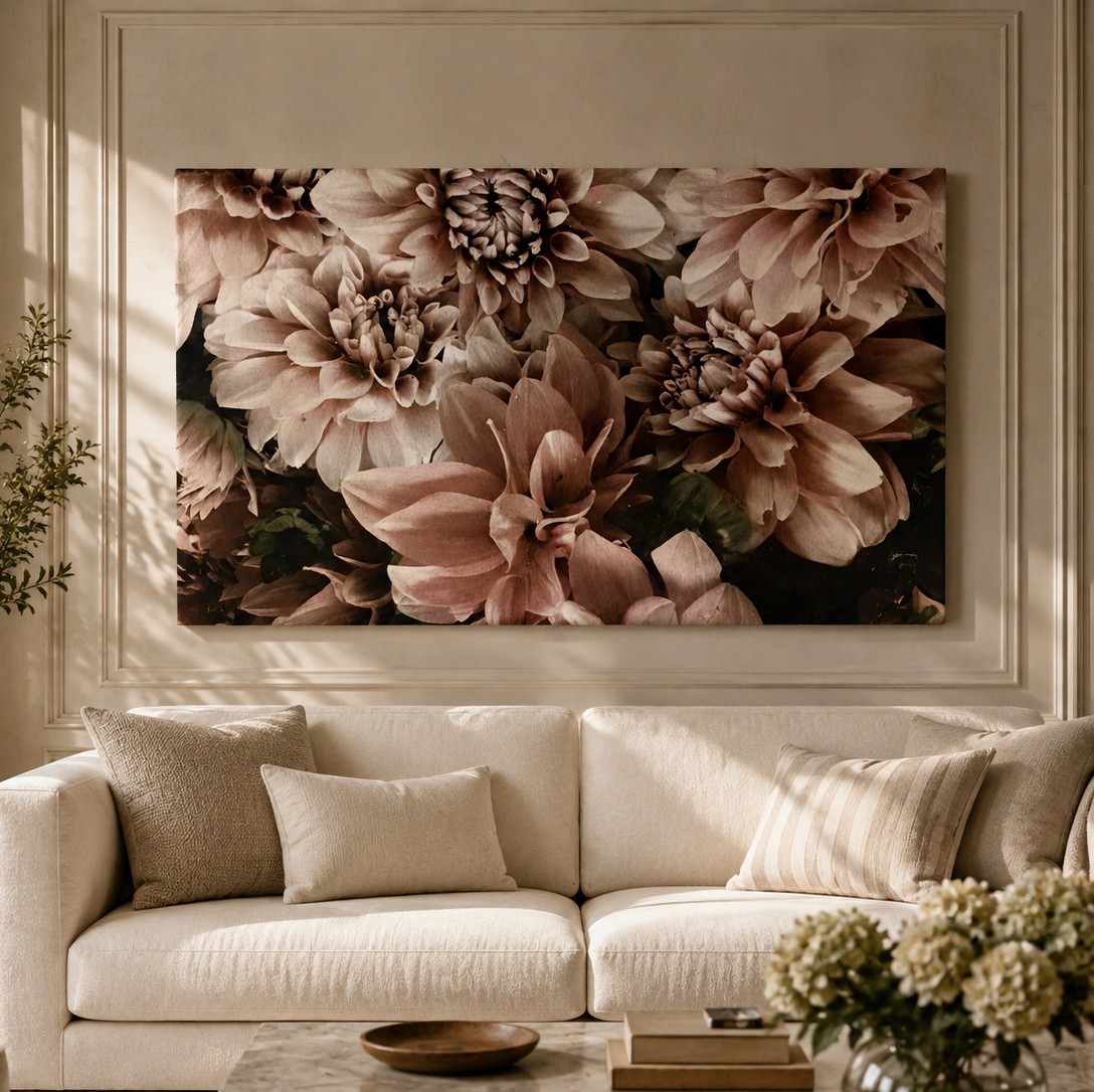 Muted Blush Dahlias Floral Canvas Wall Art
