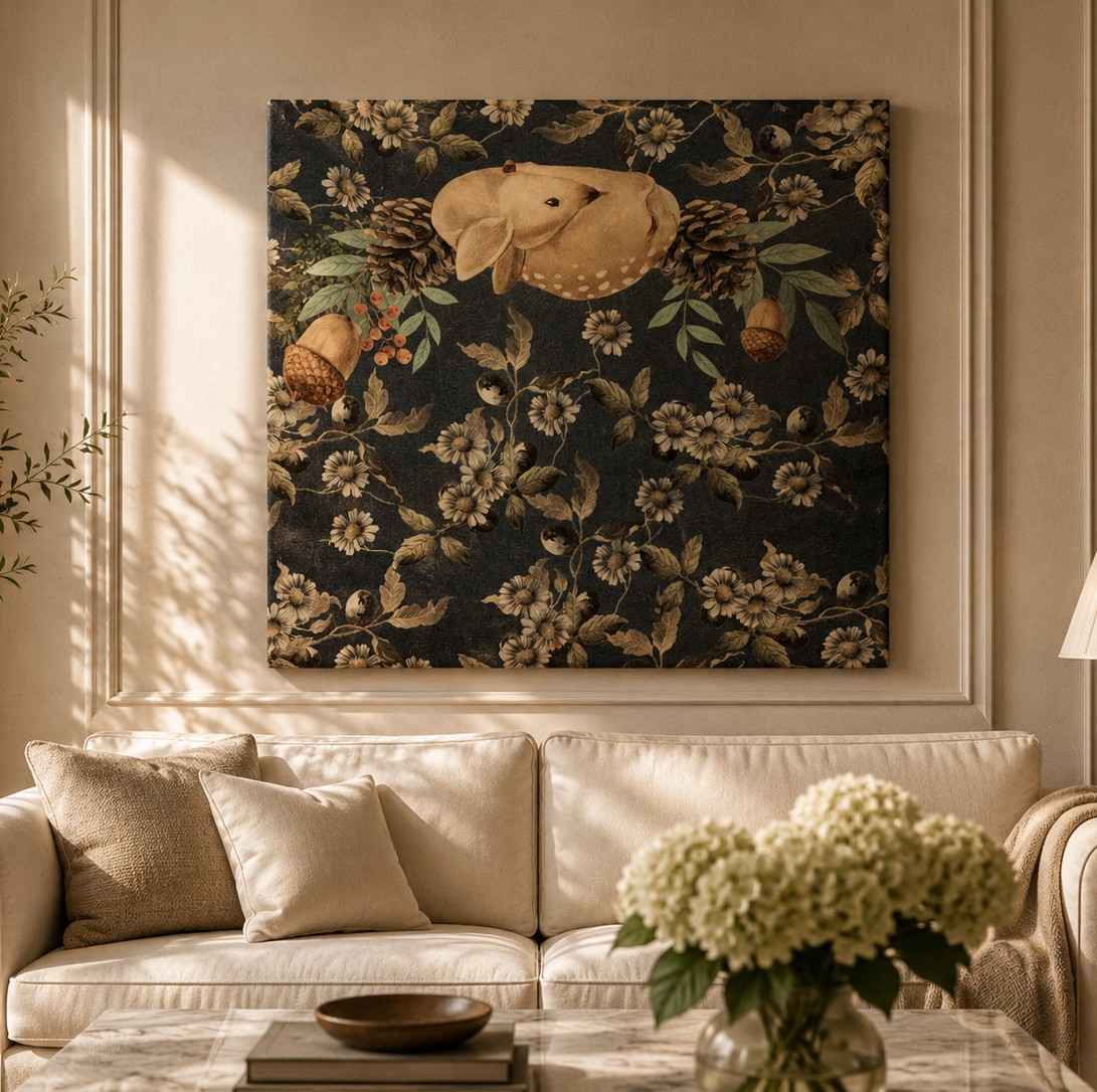 Vintage Woodland Fawn & Botanical Canvas Wall Art