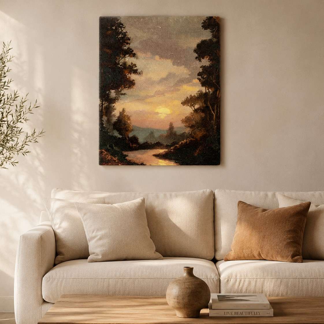 Vintage Sunset River Landscape Canvas Wall Art