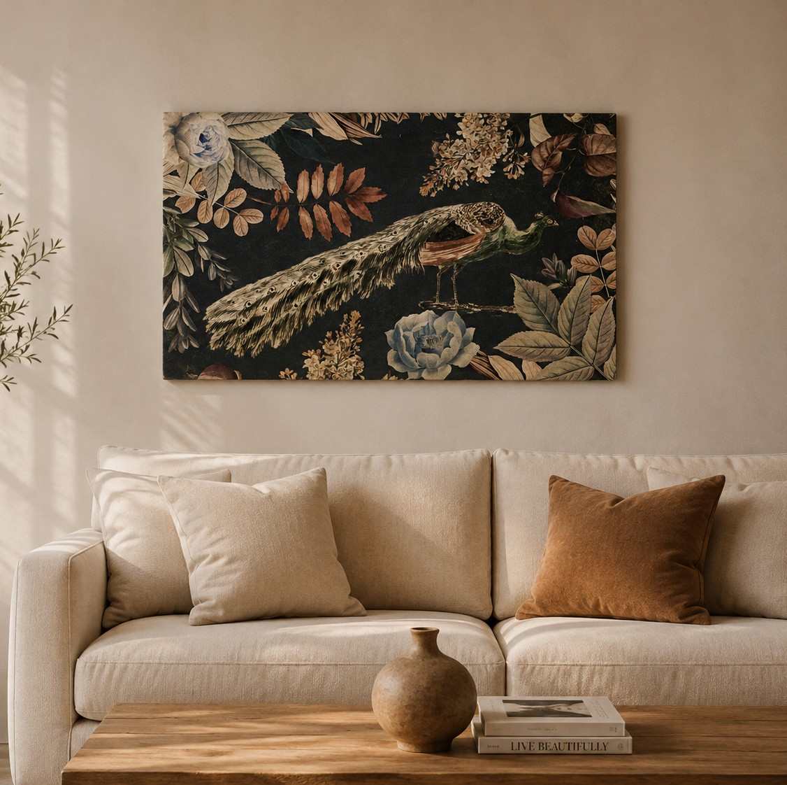Vintage Peacock & Botanical Canvas Wall Art