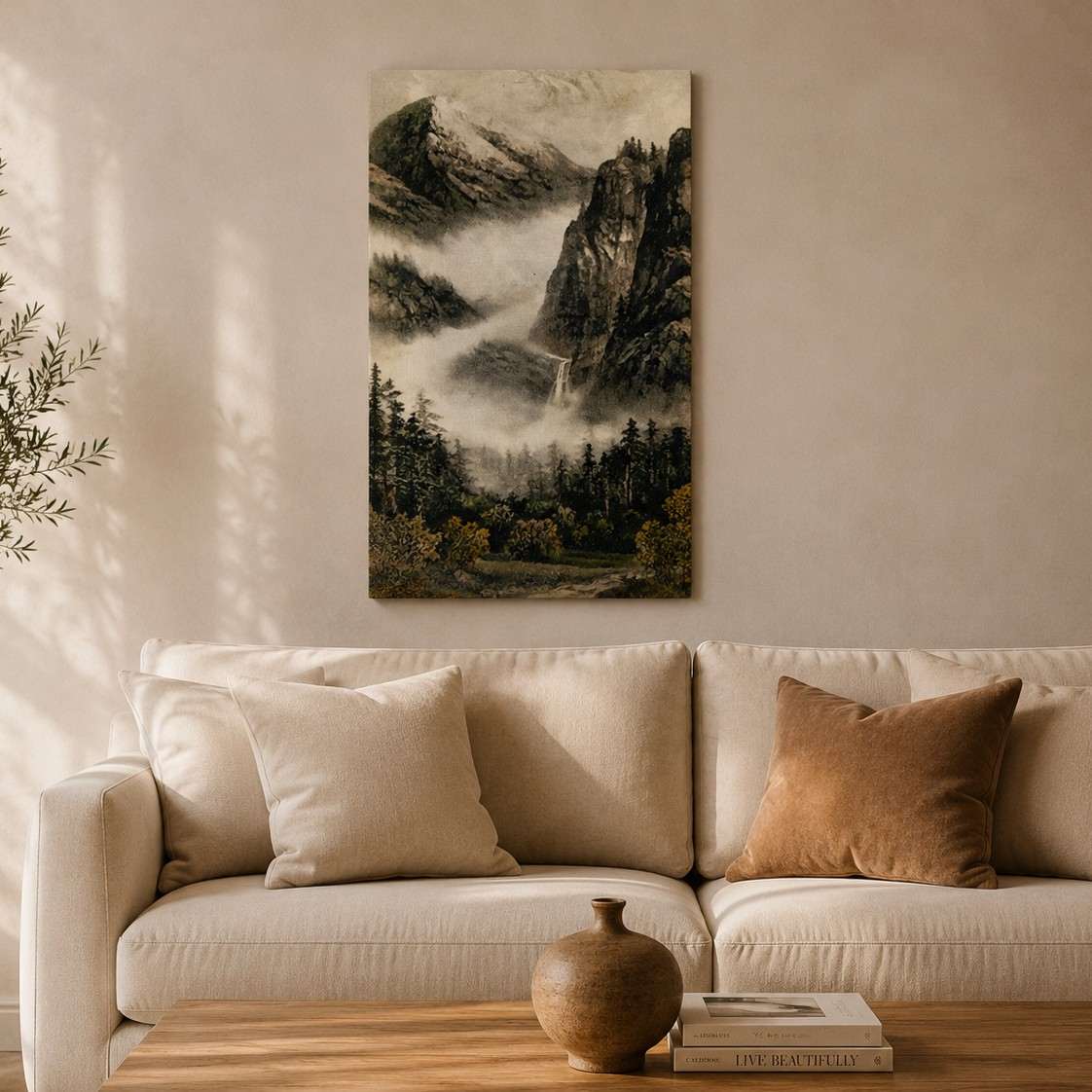Vintage Misty Mountain & Waterfall Landscape Canvas Wall Art