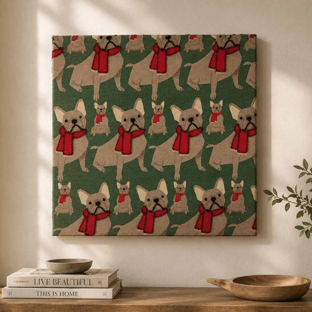French Bulldogs in Red Scarves Pattern Canvas Wall Art
