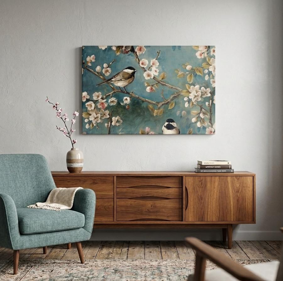 Vintage Chickadees & Cherry Blossoms Canvas Wall Art