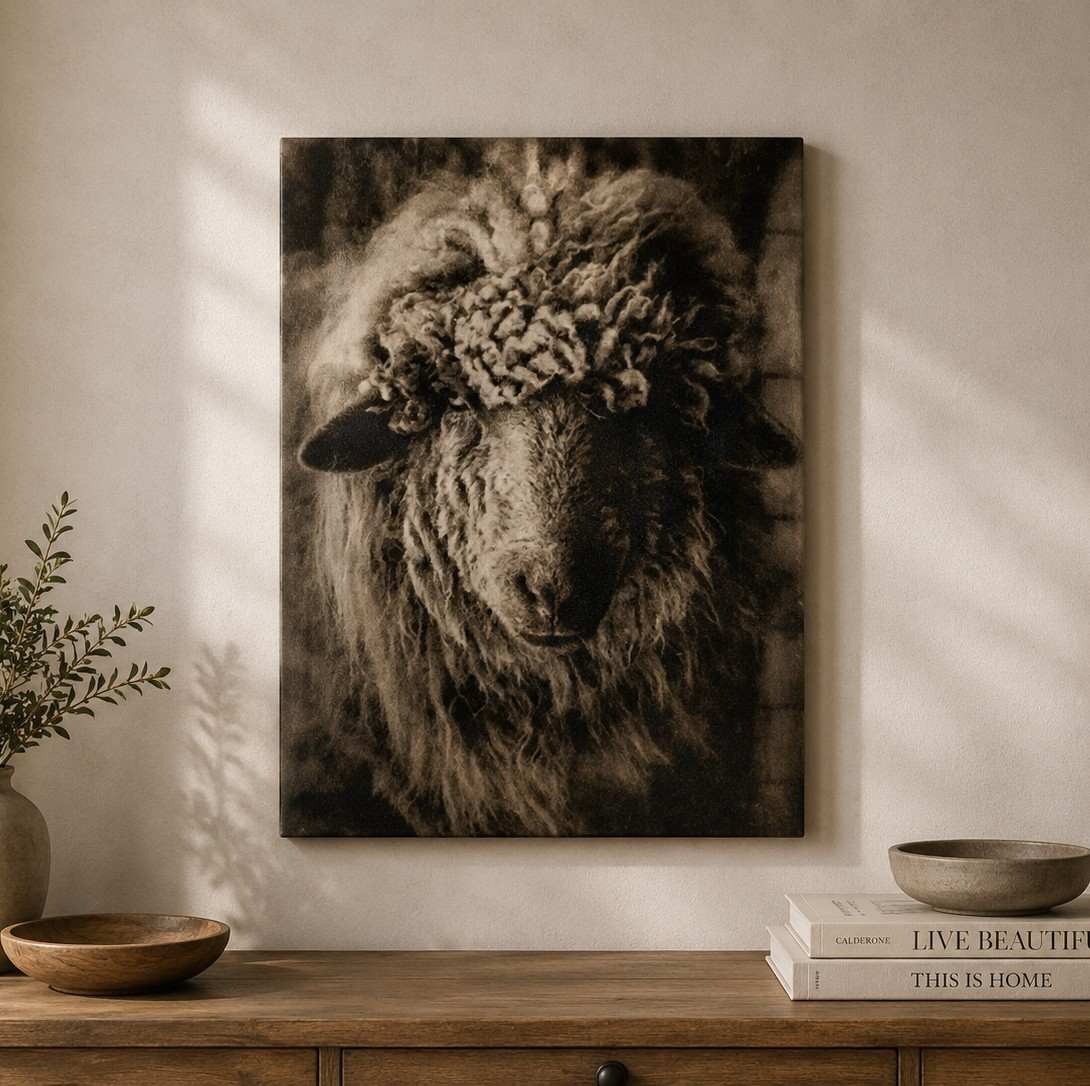 Vintage Sepia Fluffy Sheep Portrait Canvas Wall Art