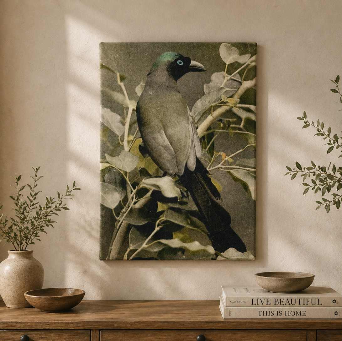 Vintage Emerald Crest Bird Canvas Wall Art