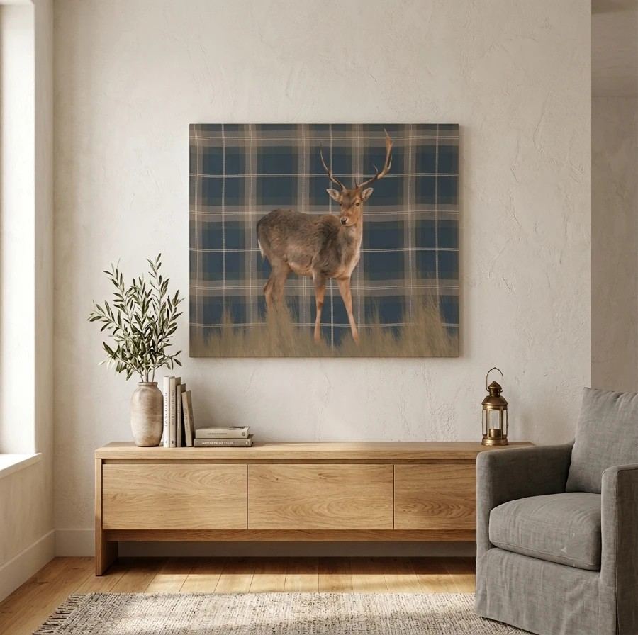 Stag on Plaid Tartan Background Canvas Wall Art